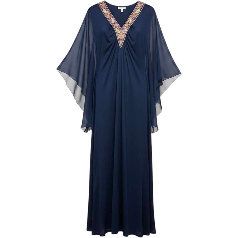 Vintage 70s? Kaftan Maxi Gown V-Neck Angel Sleeve Navy Blue M/L Boho Retro‎ Glam